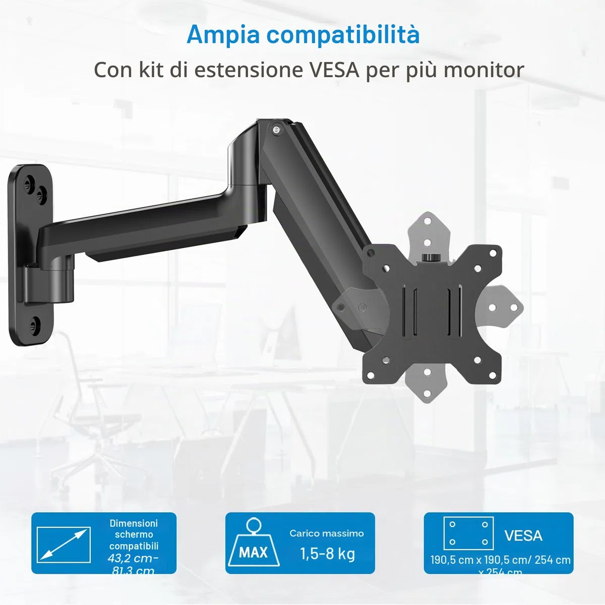 HUANUO Supporto da parete per schermo PC, braccio schermo PC, braccio per monitor da 17-32 pollici, supporto monitor da 8 kg, ergonomico regolabili, VESA 75 mm, 100 mm