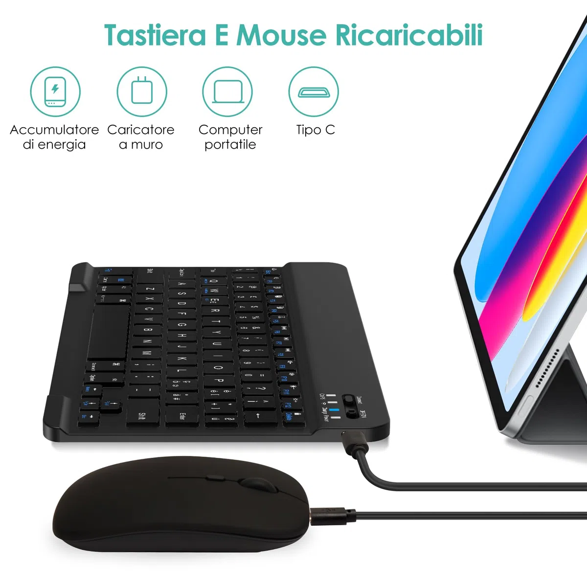 LAMA Tastiera e Mouse Wireless, Tastiera Tablet Universale Ultra Sottile Ricaricabile, Tastiera Bluetooth Portatile per iPad/Tablet/iOS/Android/Windows/Laptop/Computer Desktop/Telefoni, Nero