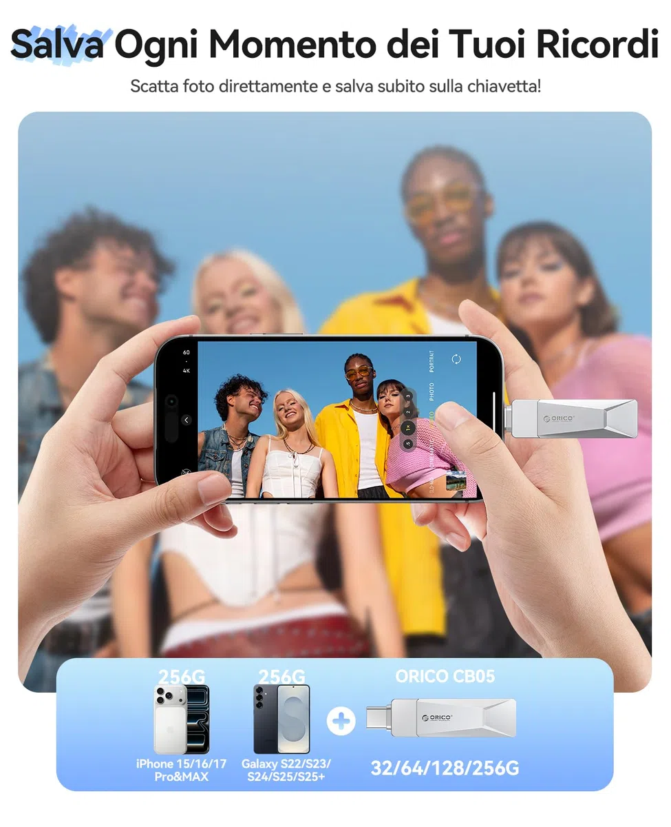 ORICO Chiavetta USB 128 GB USB 3.2 Memory Stick OTG fino a 150 MB/s 2 in 1 Tipo C Flash Drive in metallo per iPhone 17/16/15/Smartphone Android/Tablet/Mac/Laptop/PC, Argento, CB05