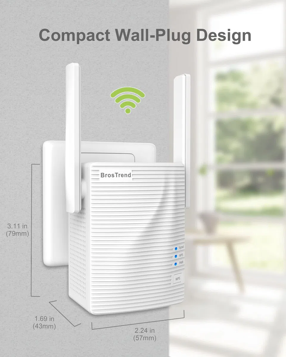 BrosTrend Ripetitore WiFi Potente per Casa, AC1200 WiFi Extender Dual Band Amplificatore Segnale Wi-Fi, 1 Porta LAN Potenziatore Segnale Wi-Fi Compatibile con Tutti i Modem Router Inclusi Fibra e ADSL
