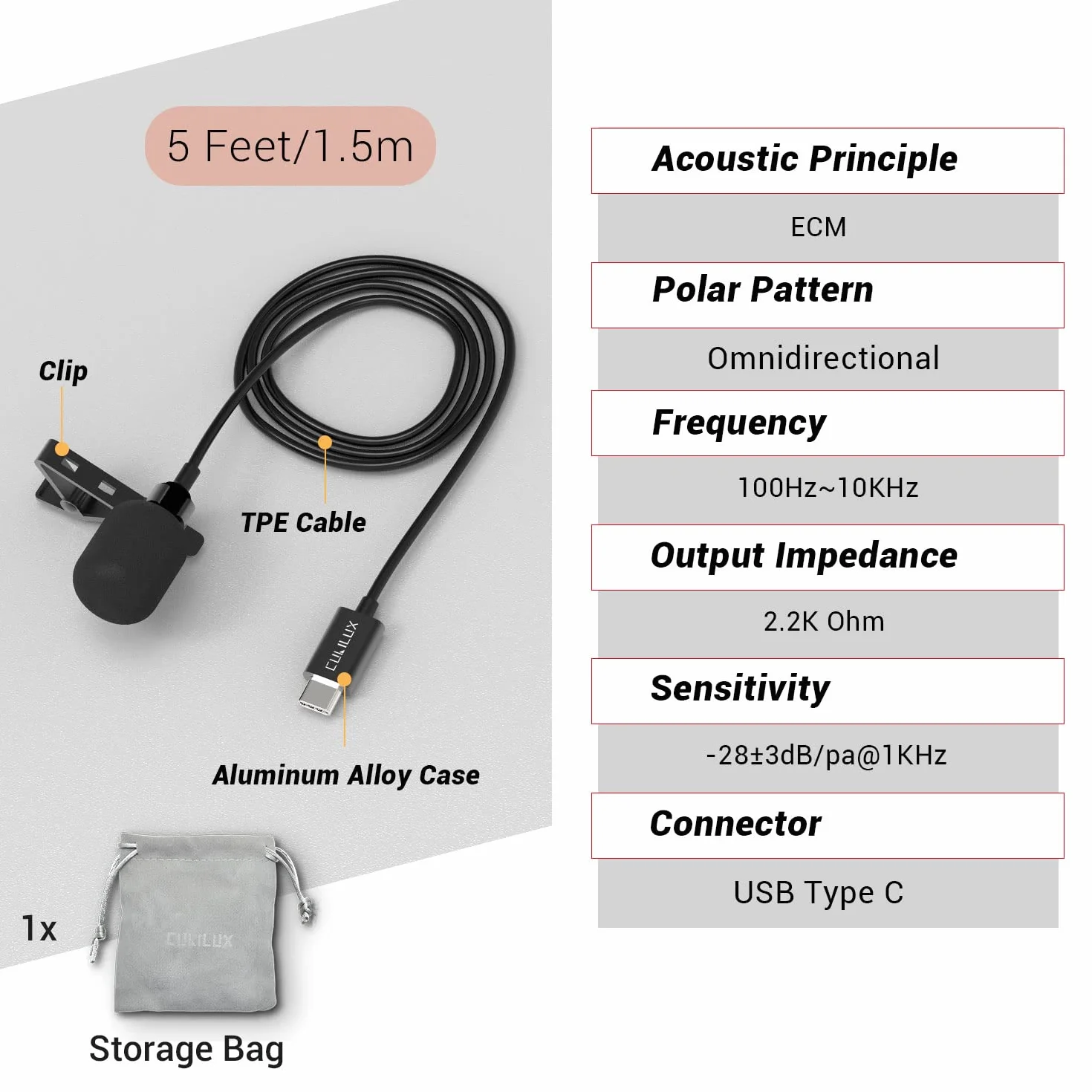 Cubilux Microfono USB, microfono lavalier di tipo C, microfono con clip esterna per iPhone 16/15 Pro Max, iPad Pro 13/12/11, iPad Air 13, Samsung S25/S24/S23 Z Fold/Flip 6/5/4 Tab S10/S9/S8, 5 piedi