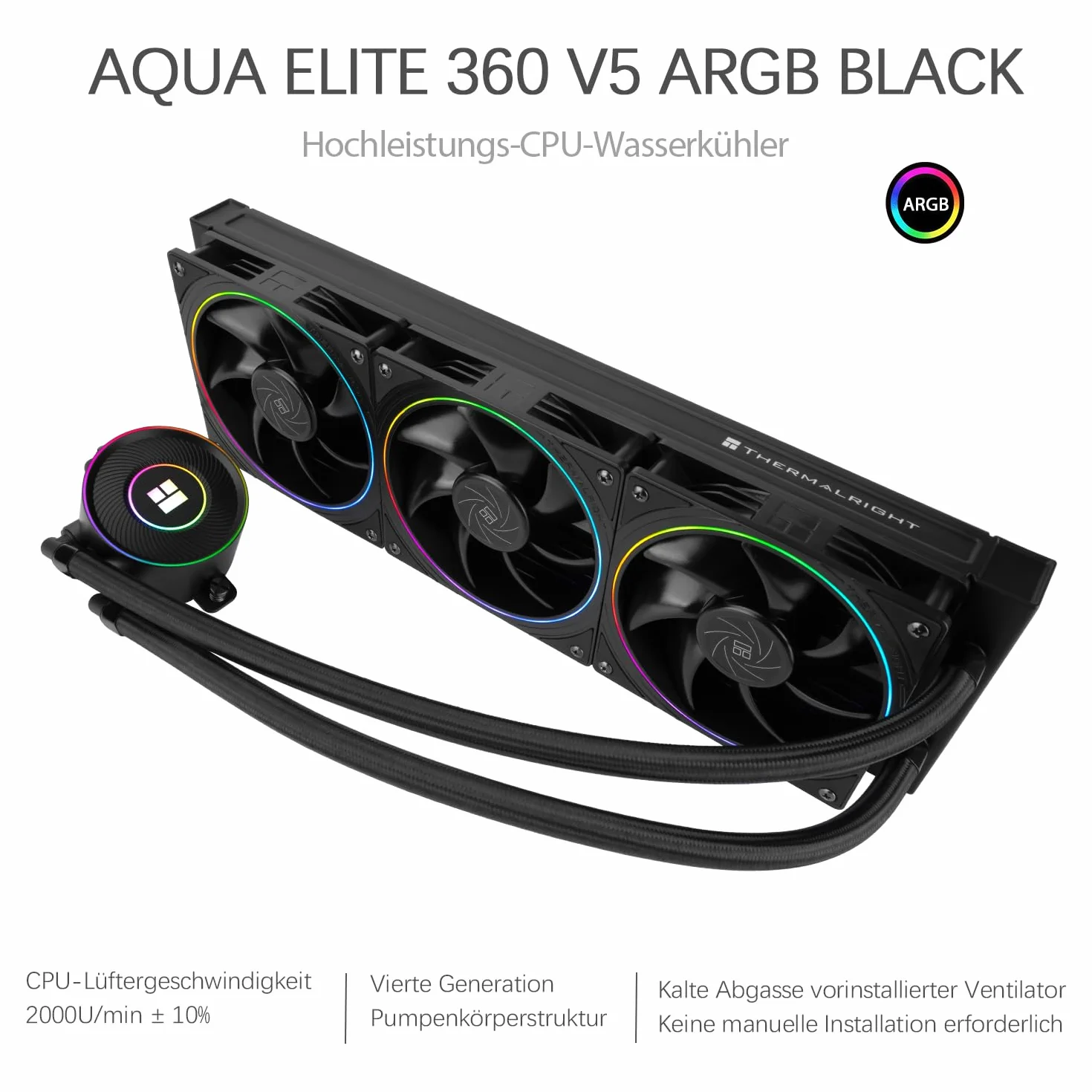 TR-Thermalright AQUA ELITE 360 V5 ARGB - Refrigeratore liquido per CPU, 360 mm, 3 ventole PWM - ARGB - 2000 giri/min, per AM4/AM5, Intel LGA1851/1700/115x/1200 (Nero)