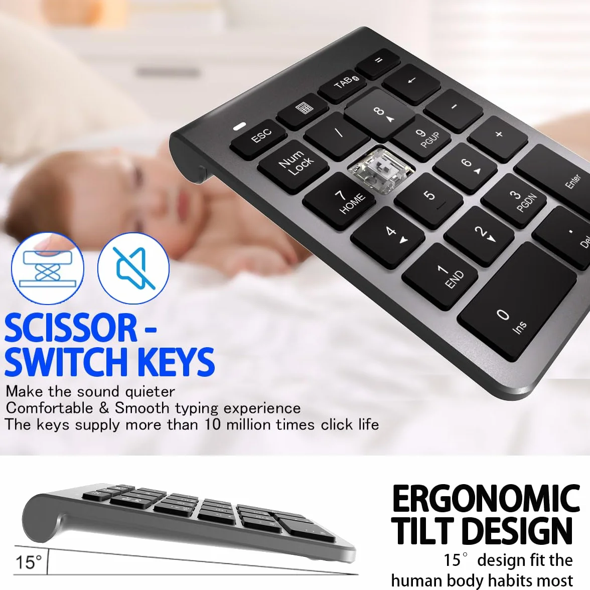 Tastierino Numerico Bluetooth 5.0-22 Tasti Tastierino Numerico per Laptop/MacBook/Surface Pro/PC - Design Ergonomico e Tasti Silenziosi Numpad (10m Portata)