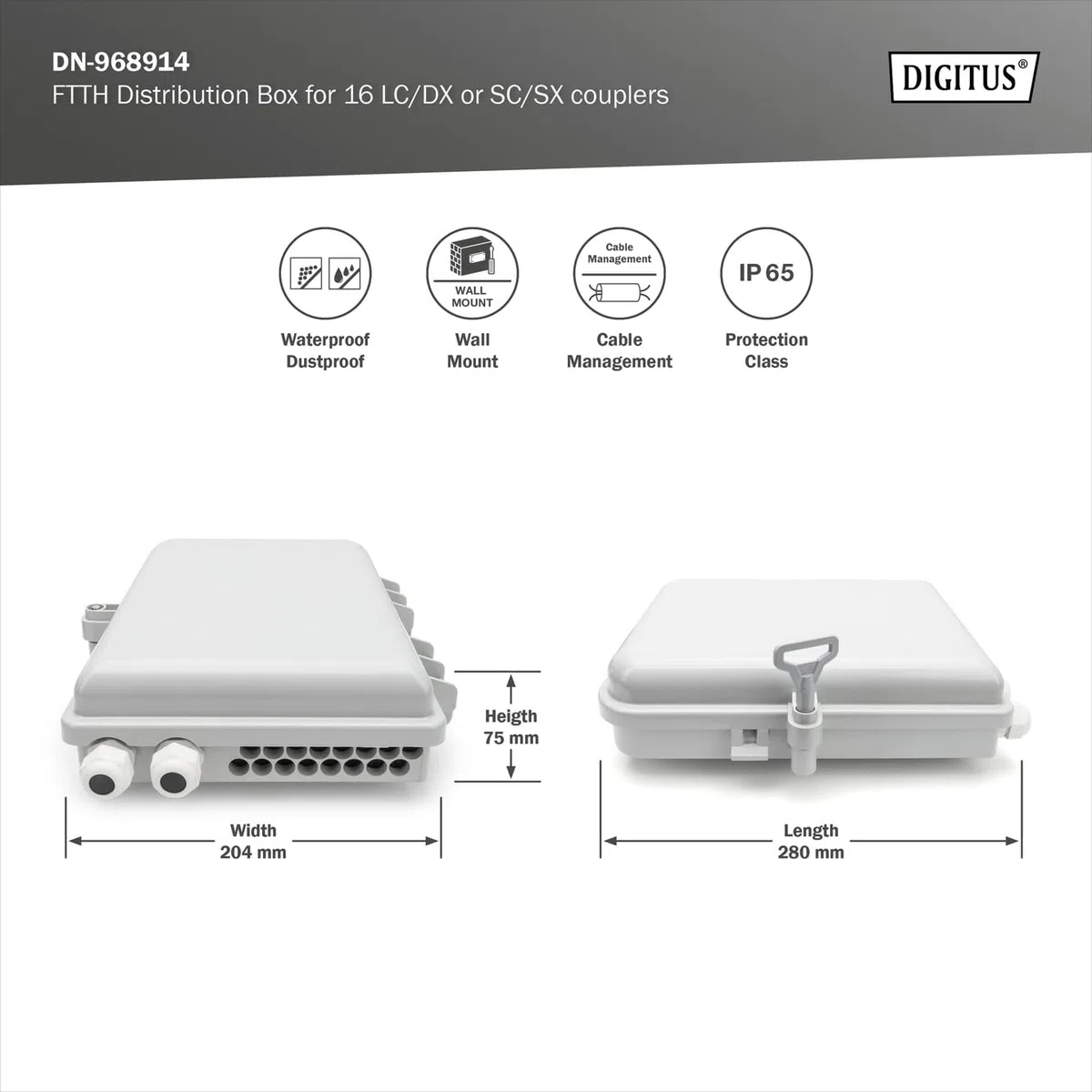 DIGITUS Scatola di distribuzione FTTH da esterno - 16x LC/Duplex o 16x SC/Simplex - Classe di protezione IP65 - Cassetta di giunzione per fibra ottica - Grigio