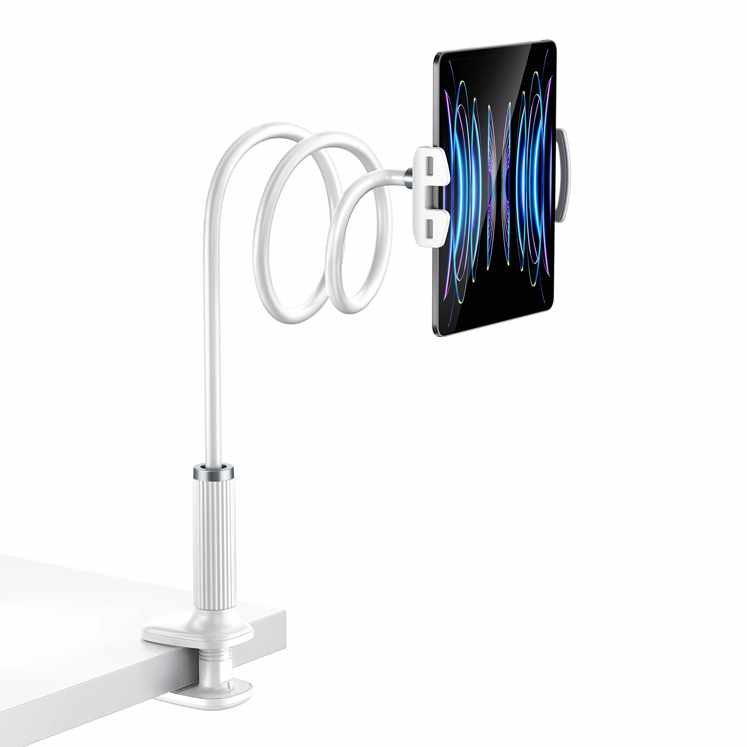 Supporto per tablet, collo di cigno, braccio flessibile regolabile a letto, per iPad, cellulare, switch/Samsung Galaxy Tabs/ecc, lunghezza totale 98 cm (bianco)
