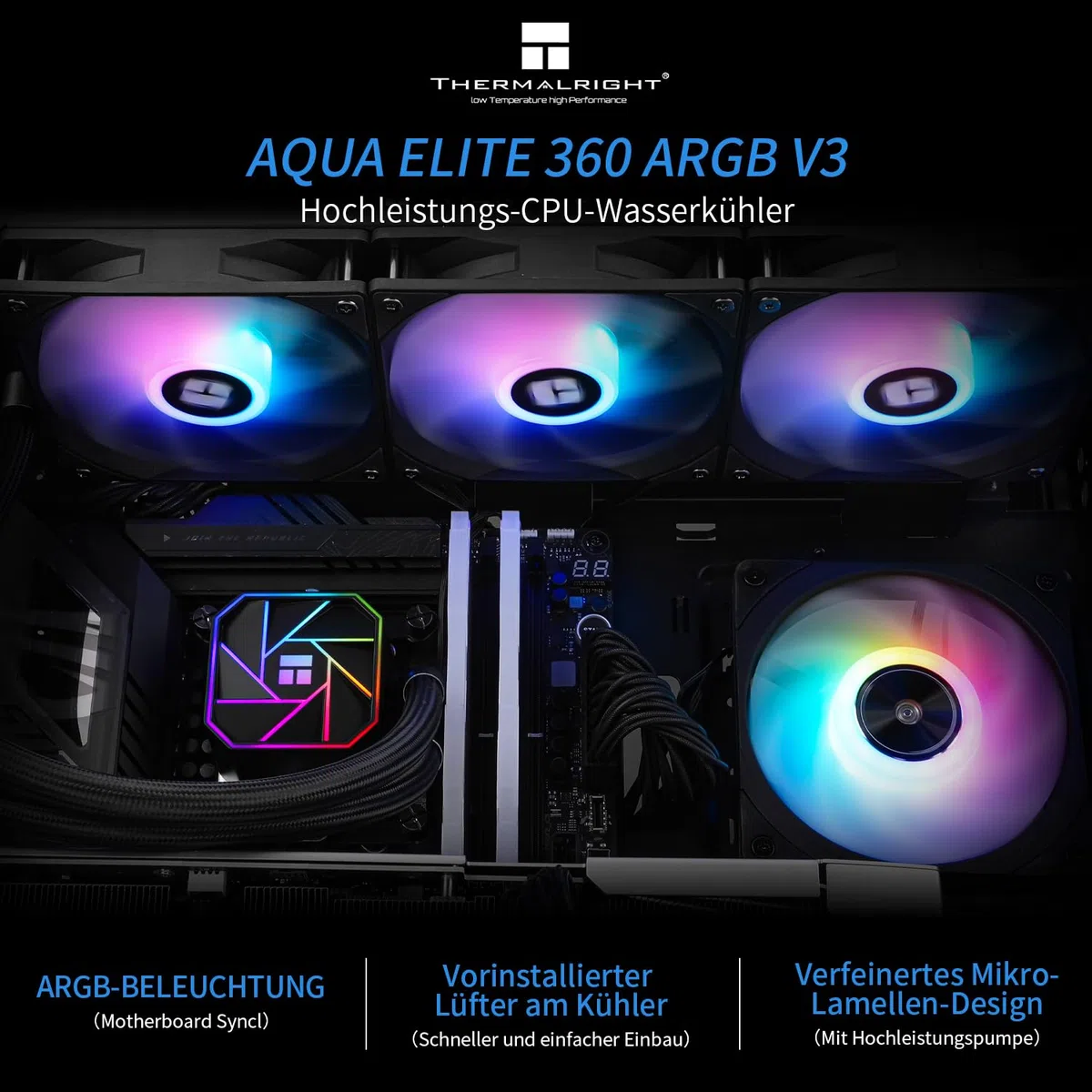 Thermalright AQUA ELITE 360 V3 Dissipatore a liquido per CPU, Radiatore 360 mm, 3x ventole PWM 120 mm, per AMD/AM4/AM5, INTEL LGA1150/1151/1155/1156/1200/1700/1851, AIO per PC desktop
