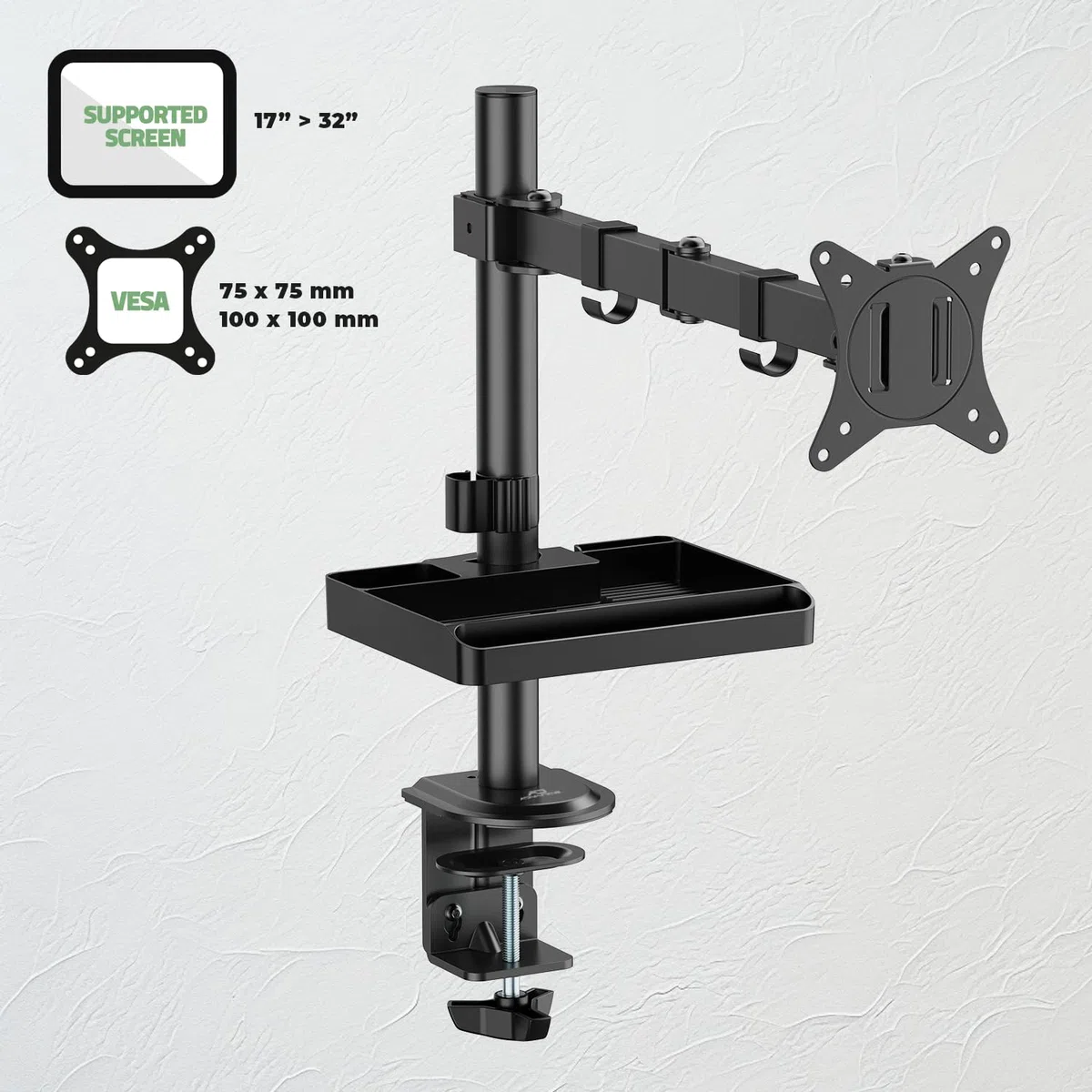 AD ADVANCE - XTENDMOUNTS Single, Supporto Monitor PC da 17 a 32 pollici, Compatibile VESA 75x75 e 100x100, Altezza e Inclinazione Regolabili, Porta Tablet e Smartphone Incluso
