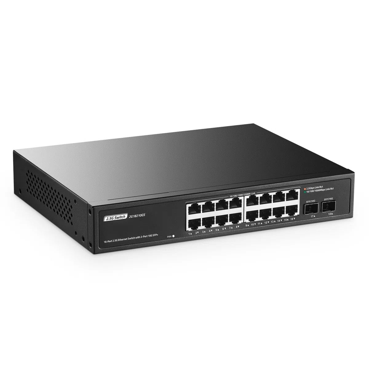 Switch a 16 porte 2,5 G con 2 x 10 G SFP+, 16 porte Ethernet Base-T da 2,5 G, YuLinca Multi-Gigabit senza ventola, switch Plug & Play non gestito