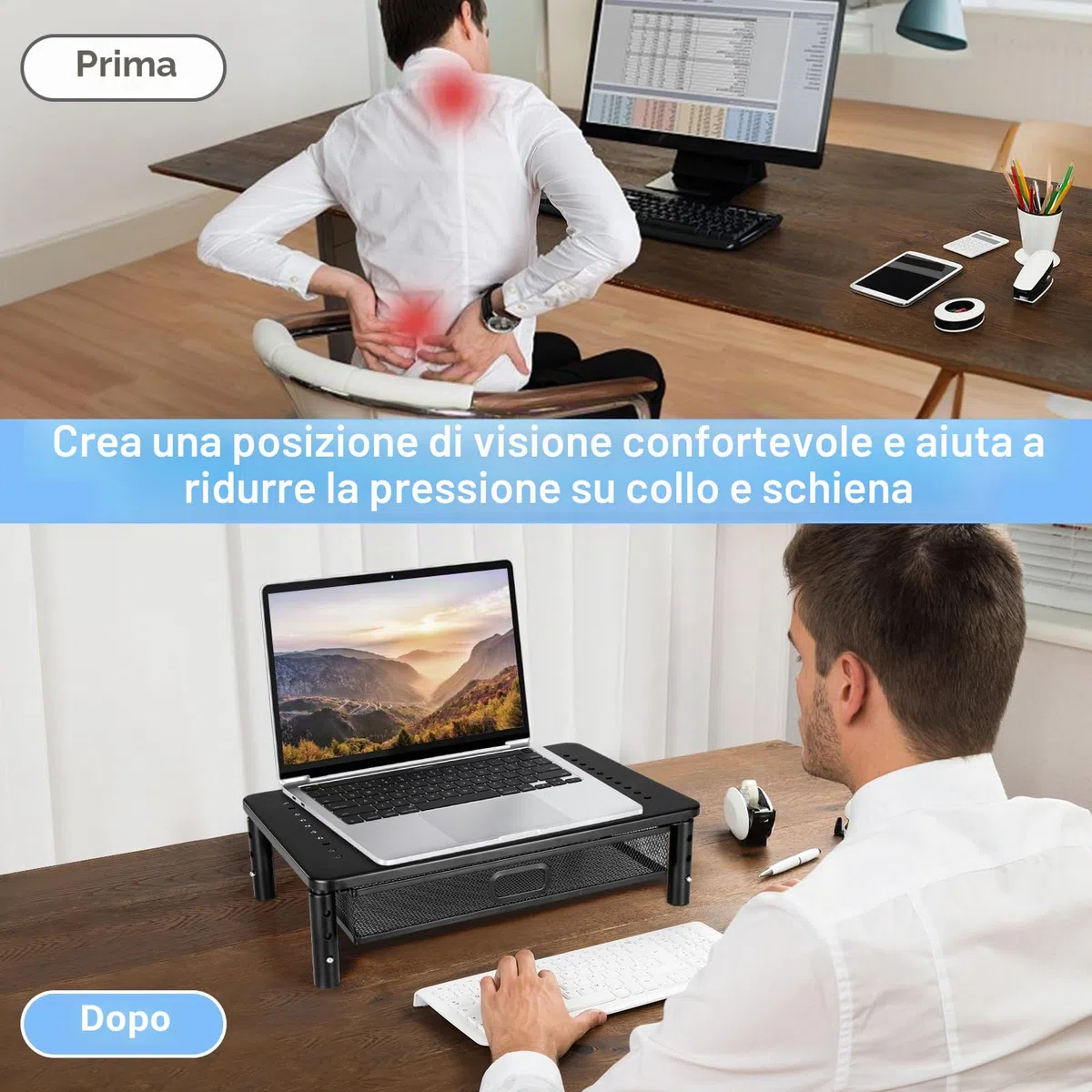 seOSTO Supporto per monitor con cassetto, supporto per monitor, 3 altezze regolabili con organizer, rialzo per monitor in metallo per laptop, computer, PC, stampante