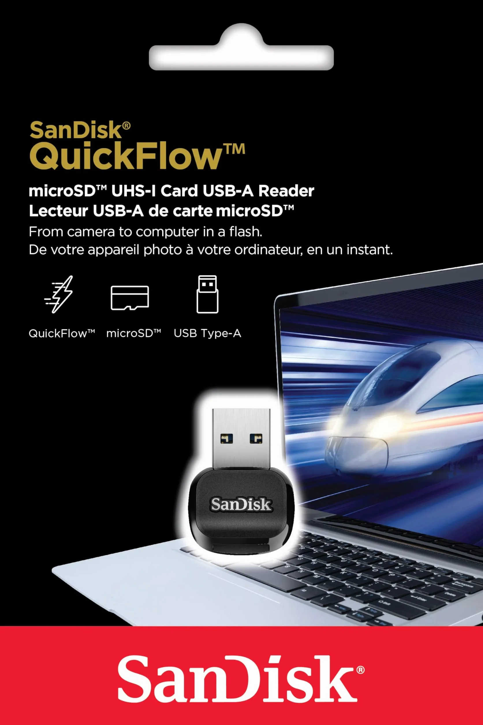 SanDisk QuickFlow SD UHS-I, lettura/scrittura di schede USB-A, velocità di lettura fino a 250 MB/s, velocità di scrittura fino a 150 MB/s, USB 3.2 Gen 1
