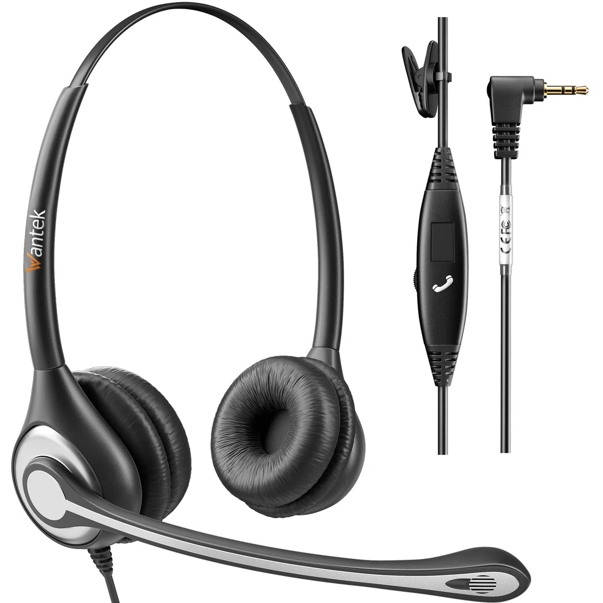 Wantek Cuffie 2,5 mm Dual con Microfono a Cancellazione del Rumore e Controllo del Volume, Auricolare Call Center per Gigaset Panasonic Telefono Fisso Cordless DECT(F602J25)