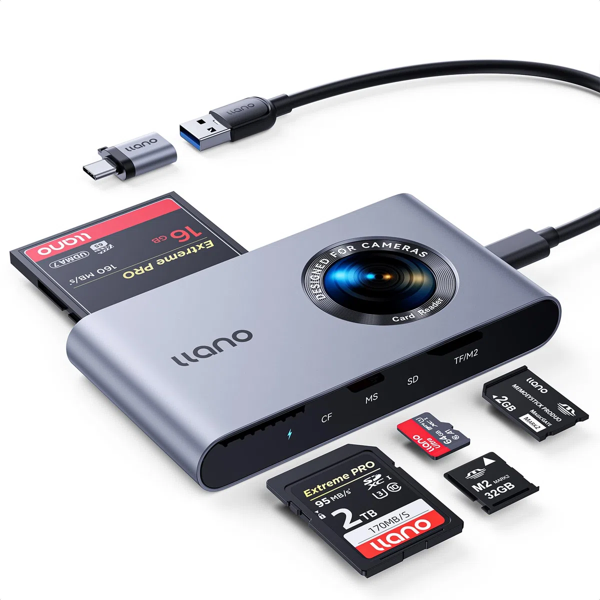 llano Lettore di Schede 5-in-1 USB-C per Micro-SD, Compatibile con SD/TF/MS/CF/M2, Plug & Play, Legge e Scrive 4 Schede Contemporaneamente, Compatibile con Windows/Linux/macOS/Chrome OS