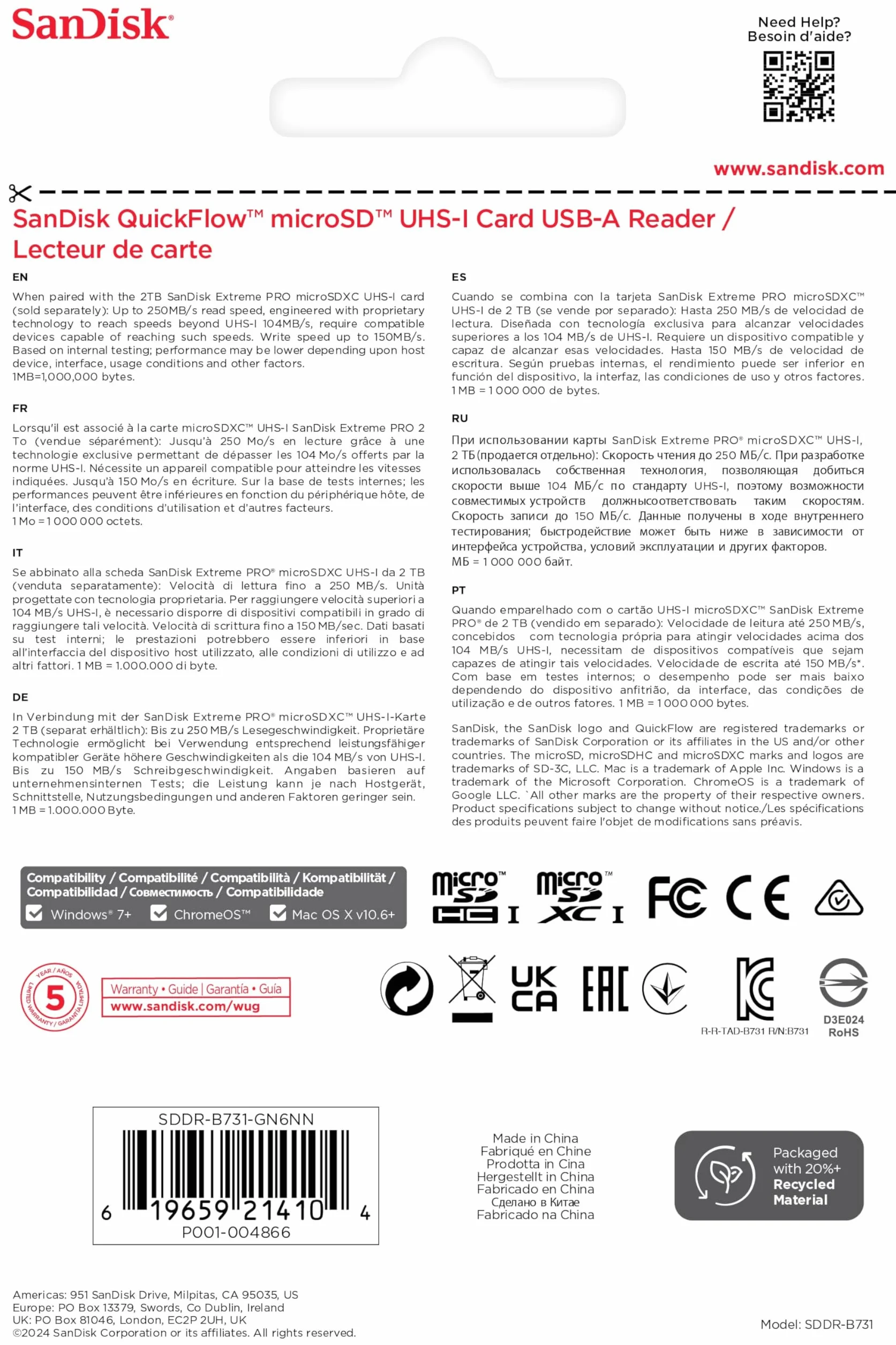 SanDisk QuickFlow SD UHS-I, lettura/scrittura di schede USB-A, velocità di lettura fino a 250 MB/s, velocità di scrittura fino a 150 MB/s, USB 3.2 Gen 1