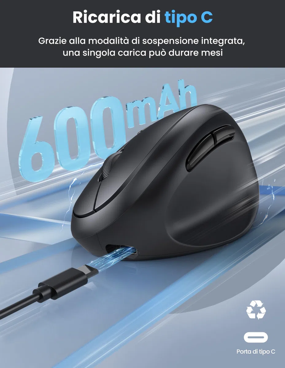 TECKNET Mouse Verticale, Mouse Bluetooth Ergonomico Ricaricabile, Multi-dispositivo (BT5.0/3.0 + 2.4G), 4800 DPI, Clic Silenziosi, 6 Pulsanti Per PC, Computer Portatile, Mac - Nero