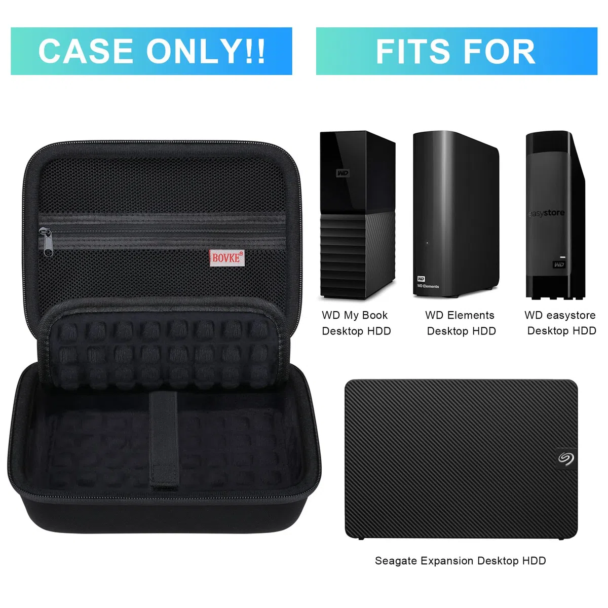BOVKE Custodia per Seagate Expansion WD Elements My Book Hard Disk Esterno Desktop HDD 6TB 8TB 10TB 12TB 14TB 16TB 18TB 22TB 24TB 26TB 28TB, Custodia da Trasporto HDD Desktop Portatile, Nero+Nero