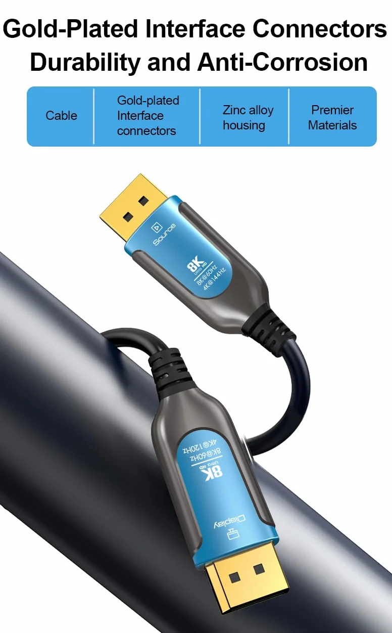 PremiumCord Cavo Ottico 8K DisplayPort 1.4 M/M 15m, Spina a Spina, 32,4 Gbps, Video 8K@60Hz, 5K@60Hz, 4K@60Hz 2160p, Connettori Placcati Oro, Blu/Nero