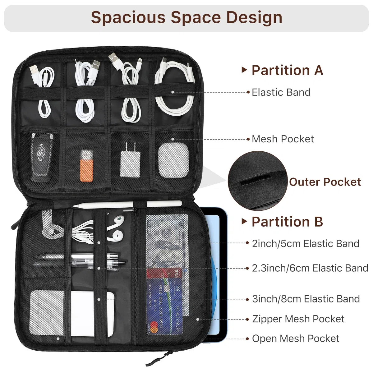 Dadanism Organizer Cavi Borsa da Viaggio Organizzatore Cavi, Organizzatore di Accessori da Viaggio a Doppio Strato per Tablet, Cavi, Phone, Caricatore, Chiavetta USB, Power Bank, Hard Disk, Nero
