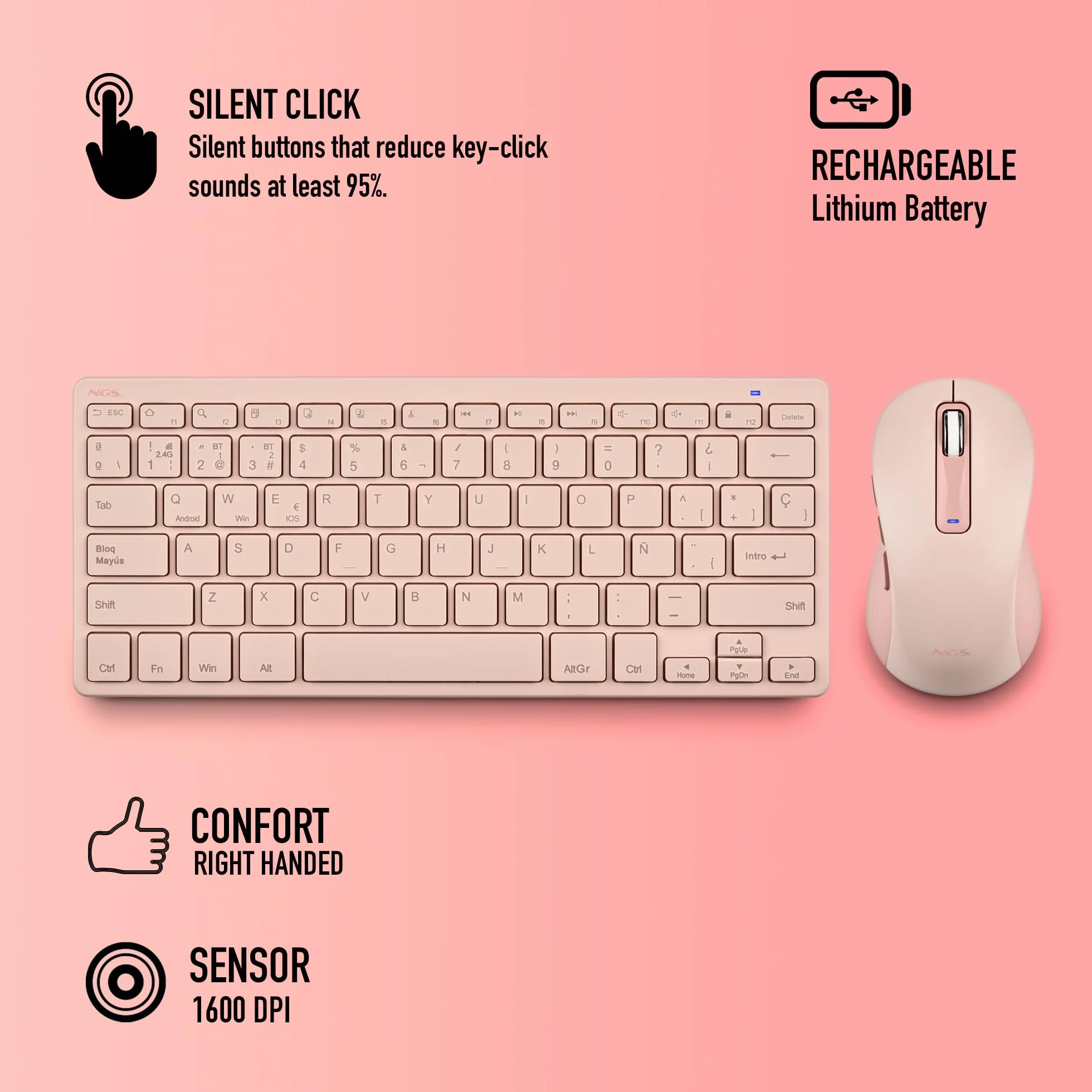 NGS Fantasy Kit Pink – Tastiera e mouse wireless spagnolo QWERTY, silenzioso ricaricabile, multimodalità 2.4 GHz e Bluetooth, 12 tasti multimediali, DPI regolabile, colore rosa