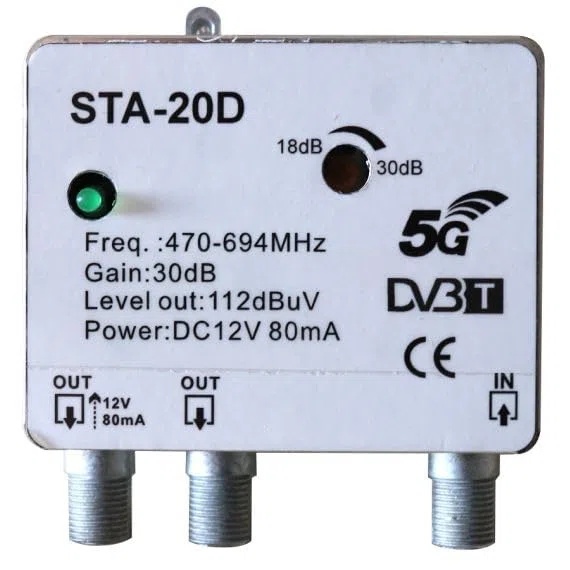 WEB Amplificatore Antenna TV da Palo STA-20D – 1 Ingresso UHF e 2 Uscite – Filtro 5G, Guadagno 30dB, 470-694MHz, Alimentazione 12V – Per Impianti DVB-T/T2