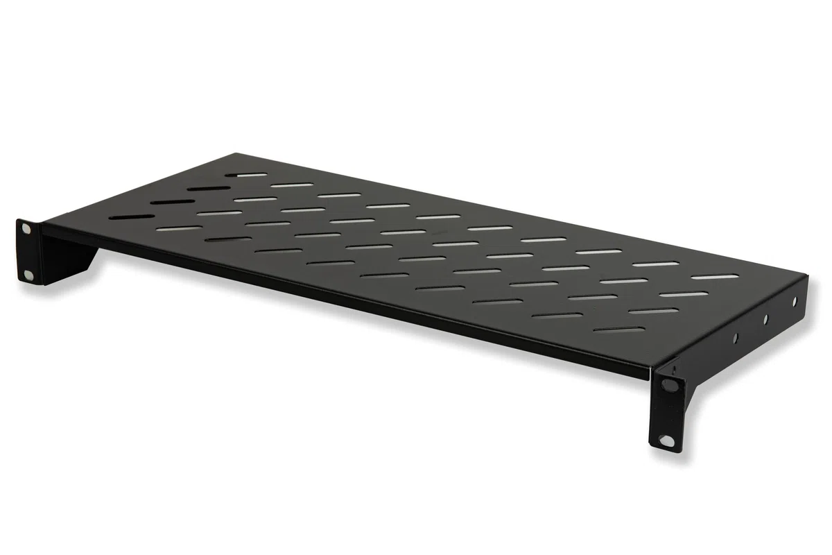 LINK LKRIP200N - Mensola in acciaio per armadio rack 19" (200 mm profondità, nero RAL9005) – Superficie traforata per ventilazione – Portata 30 kg e attacchi frontali universali