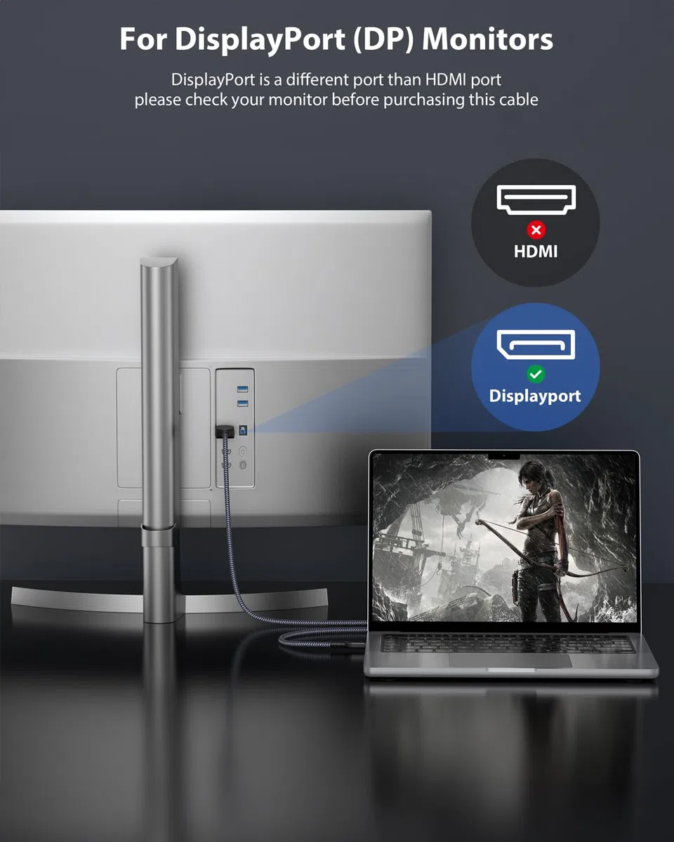 Maxonar Cavo USB C a DisplayPort 8K@60Hz 1,8M/6FT 4K@60Hz/144Hz/120Hz 5K@60Hz 2K@240Hz Thunderbolt 3 a DisplayPort HBR3 Tipo C DP 1.4 per MacBook Pro, M1 Pro/Max, Mac Mini Nero