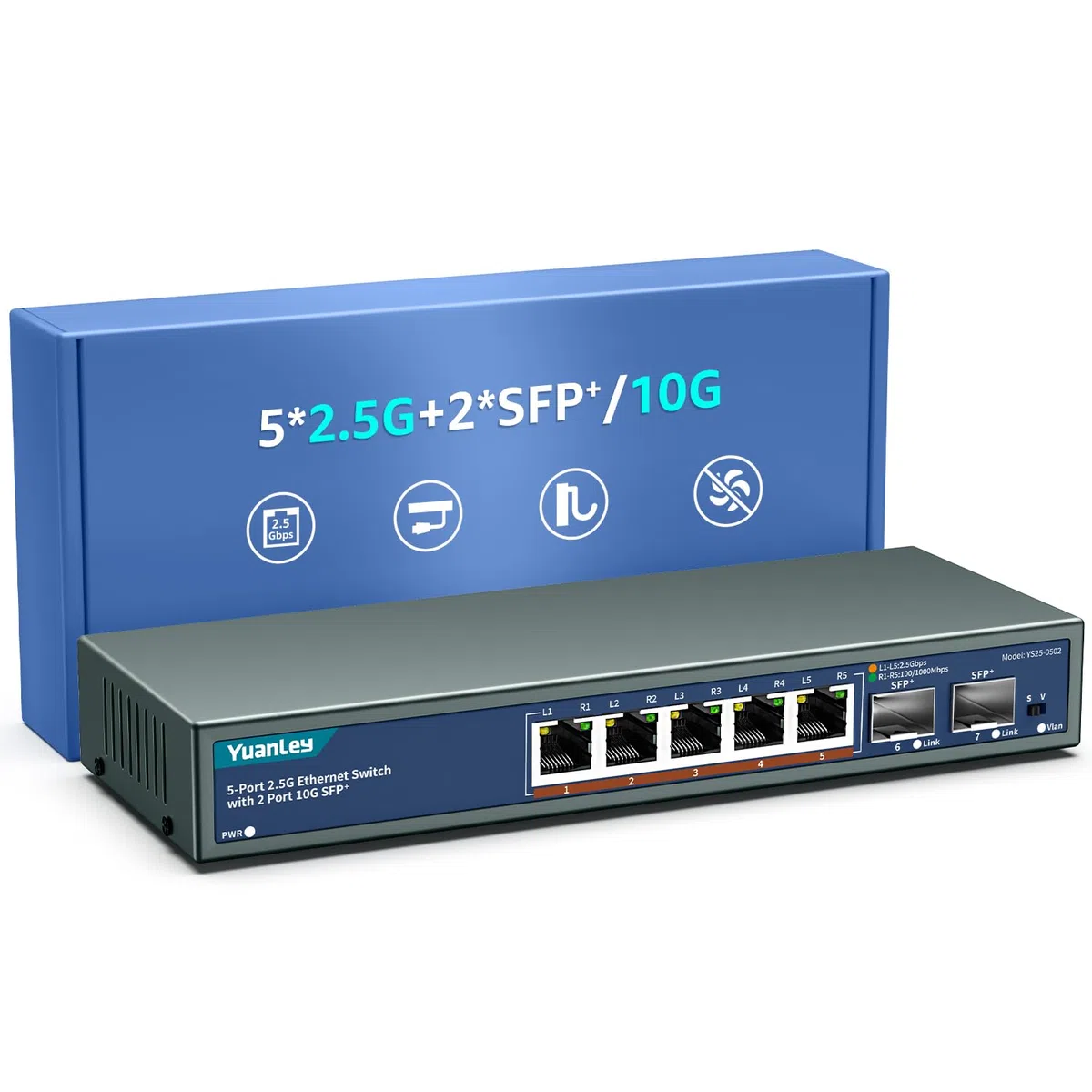7 Porte 2,5G Switch Ethernet Umanaged, 5 Port 2,5G Base-T, 2 Port 10G SFP, Compatibile 10/100/1000M, Metallo Senza Ventola, Switch di Rete YuanLey 2,5Gbe da Tavolo/Muro per AP Wireless, NAS, PC