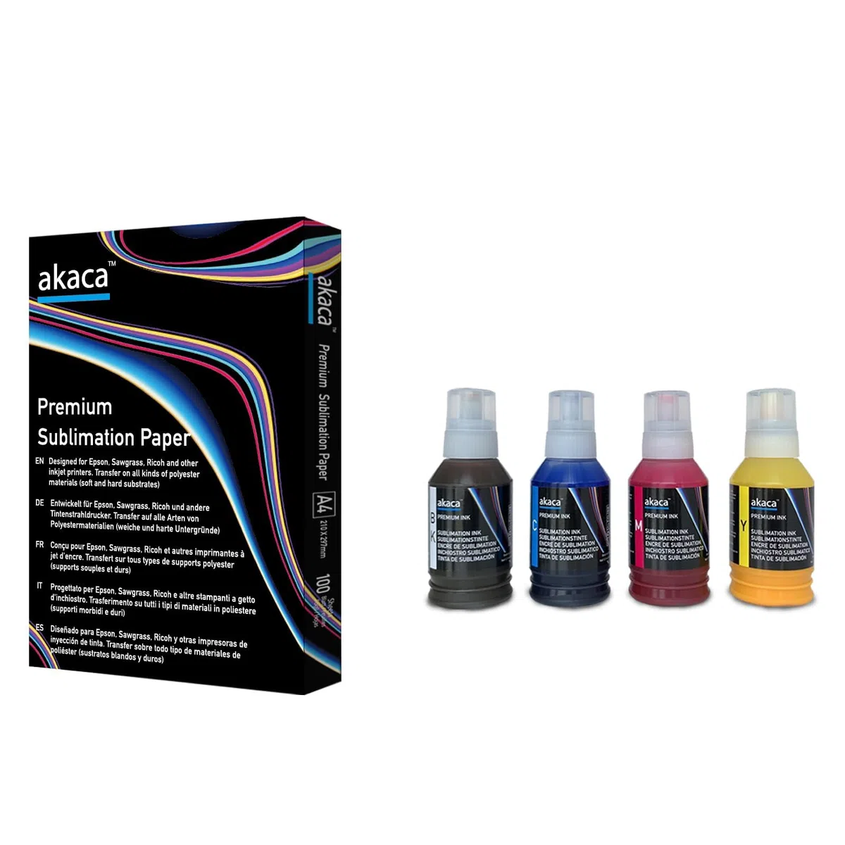 akaca Inchiostro Sublimazione 560ML Set con 100 fogli sublimazione A4, 210 x 297 mm, 125 g/m², Compatibili con Epson EcoTank Supertank Stampante ET-2720 ET-2760 ET-2800 WF7710 ET-2850
