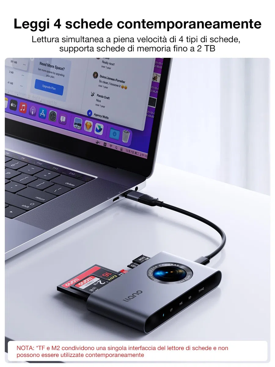 llano Lettore di Schede 5-in-1 USB-C per Micro-SD, Compatibile con SD/TF/MS/CF/M2, Plug & Play, Legge e Scrive 4 Schede Contemporaneamente, Compatibile con Windows/Linux/macOS/Chrome OS
