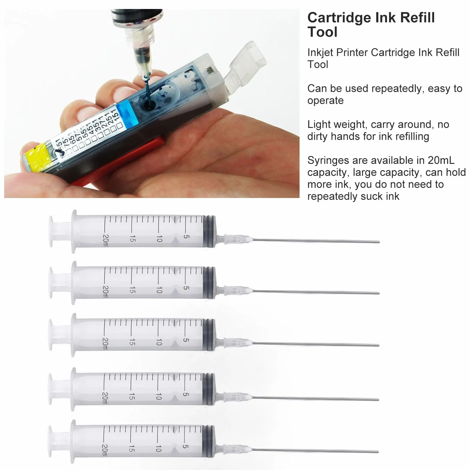 5 Pezzi Iniettori di Ricarica Della Cartuccia, Stampante A Getto D'Inchiostro Colorato Strumento Iniettore di Inchiostro Siringa da 20 Ml + Ago Piatto, per La Riparazione di Stampanti da Ufficio