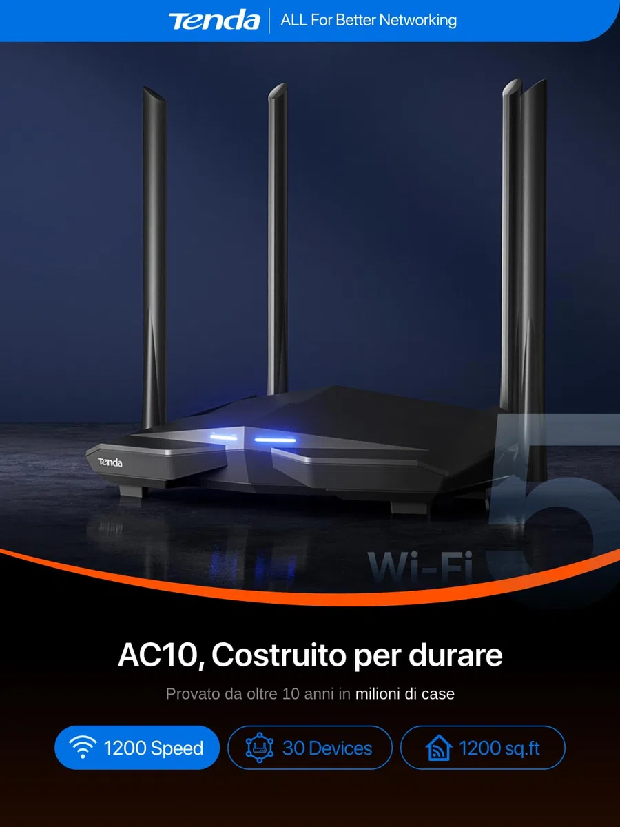 Tenda AC10 Gigabit Router Wi-Fi Dual Band AC1200 Wireless, 4 Porte Gigabit, Parental Control e Rete Ospiti, IPTV, VPN Server, IPv6, WPS, Adatto per Case a Un Piano