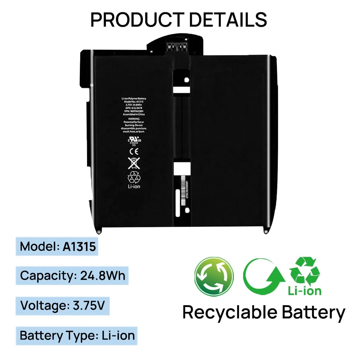 A1315 Batteria compatibile con iPad 1 1st Gen A1219 A1337 741-0025-A 616-0448 3.75V 24.8WHr con kit di strumenti