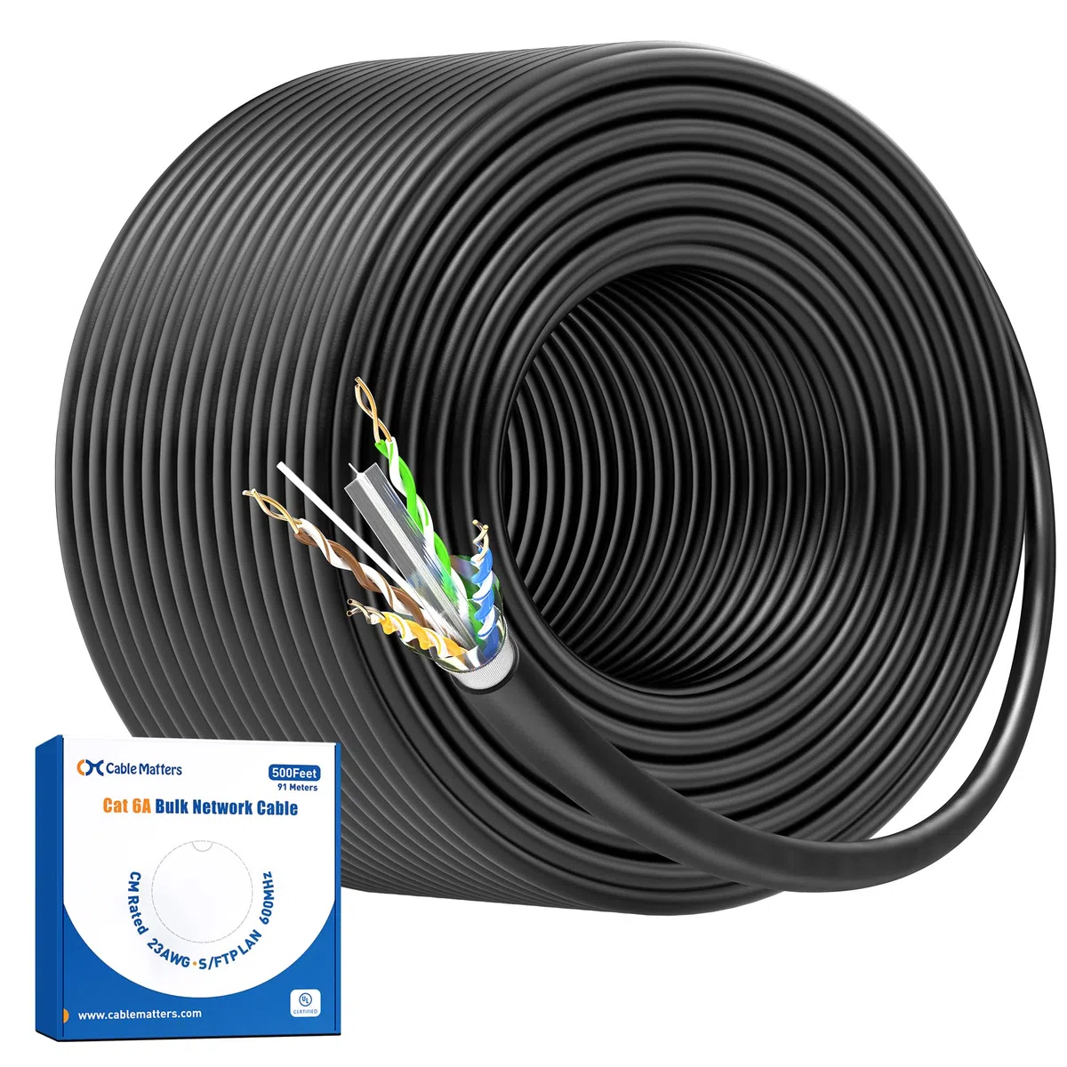Cable Matters Cavo Ethernet Cat6 per esterni, 10 Gbps, 23 AWG, 152,4 m, nero | Resistente ai raggi UV, solido rame nudo, UTP, 550 MHz, resistente alle intemperie, cavo Cat 6 per telecamere IP PoE