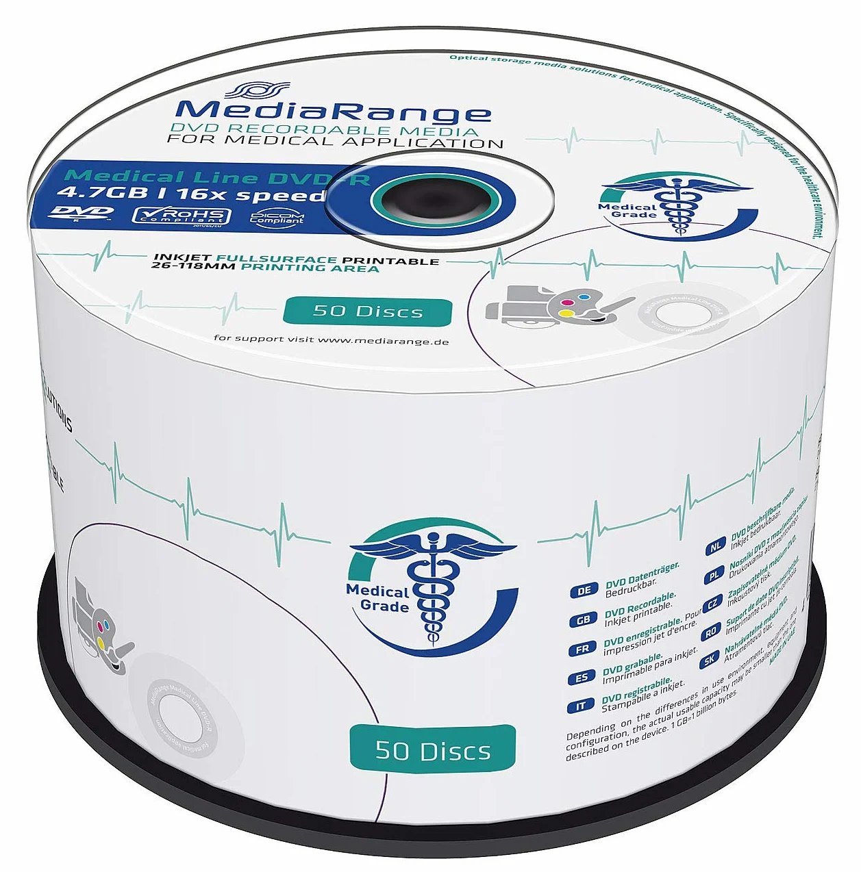 MediaRange Medical Line Dvd-R 16x (50) MR429 Cake Box a Getto d'inchiostro stampabile