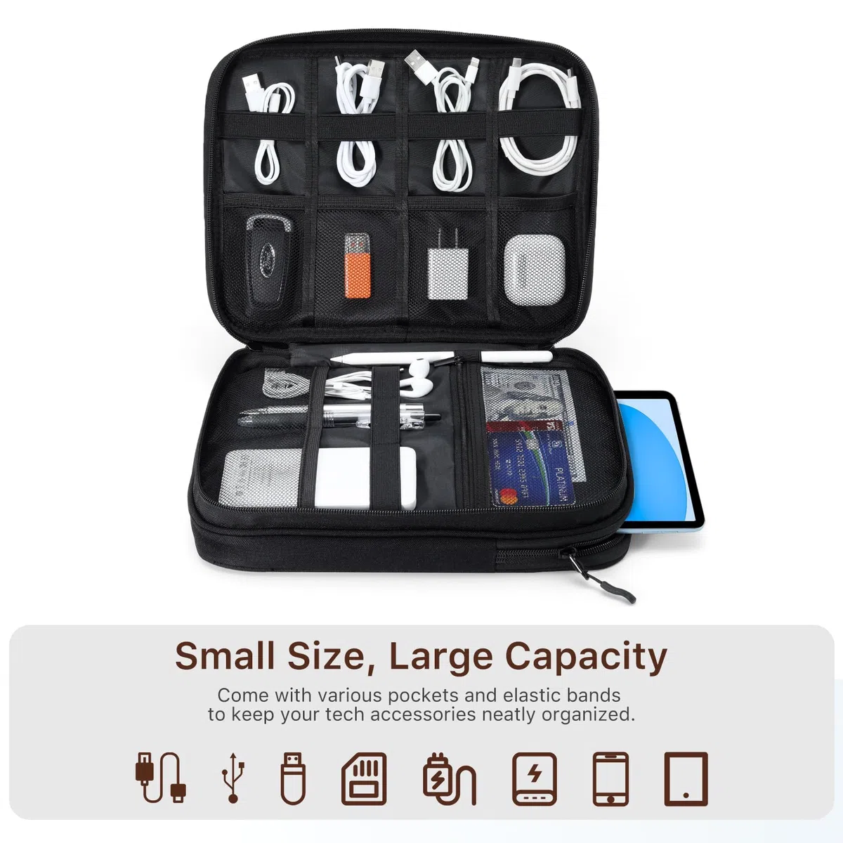 Dadanism Organizer Cavi Borsa da Viaggio Organizzatore Cavi, Organizzatore di Accessori da Viaggio a Doppio Strato per Tablet, Cavi, Phone, Caricatore, Chiavetta USB, Power Bank, Hard Disk, Nero