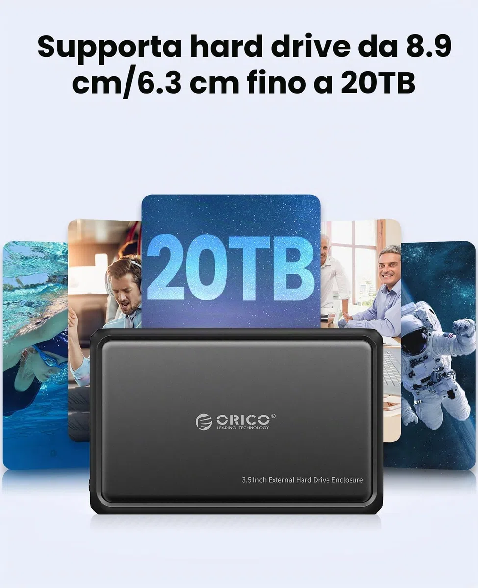 ORICO Case HDD 3.5" SATA USB 3.0 Esterno Custodia Disco Rigido per HDD e SSD SATA da 2.5/3.5 Pollici, Supporta UASP e Drive da 20TB, Adattatore Corrente 12V/2A Incluso (Metallo + ABS/DDL35-U3)