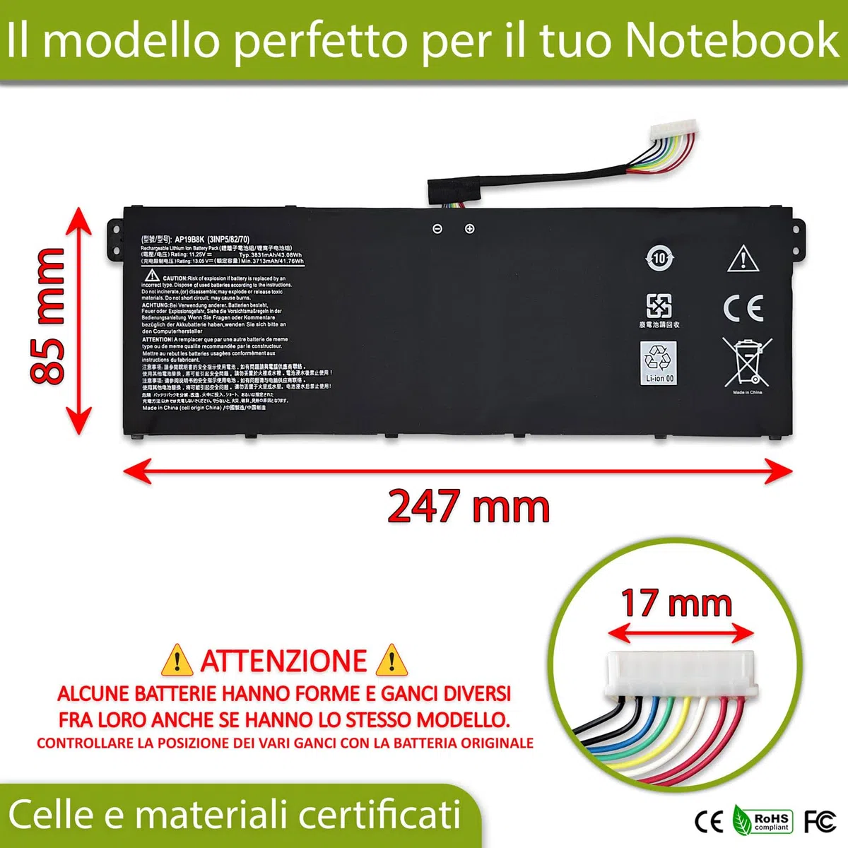 new net - Batteria AP19B8K [11.25V - 3831mAh] Compatibile con Acer Aspire 3 A315-59G-74TN, A315-N19C1, A317-33, A317-33-C151, A317-33-C1BA, A317-33-C2F6, A317-33-C2NY, A317-33-C481
