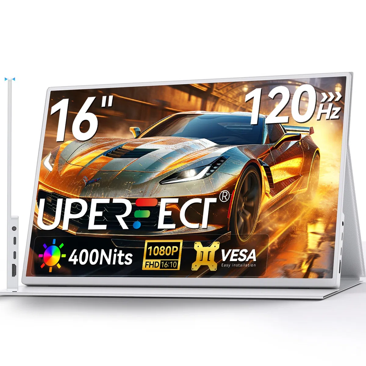 UPERFECT 16" 120Hz Monitor Portatile, 106% sRGB Portable Monitor per Gioco FHD 1080P, Ultra Sottile, Metallo, 16:10 Estensione Schermo per Laptop/Telefono/Console di Gioco, Compatibile VESA, Bianco