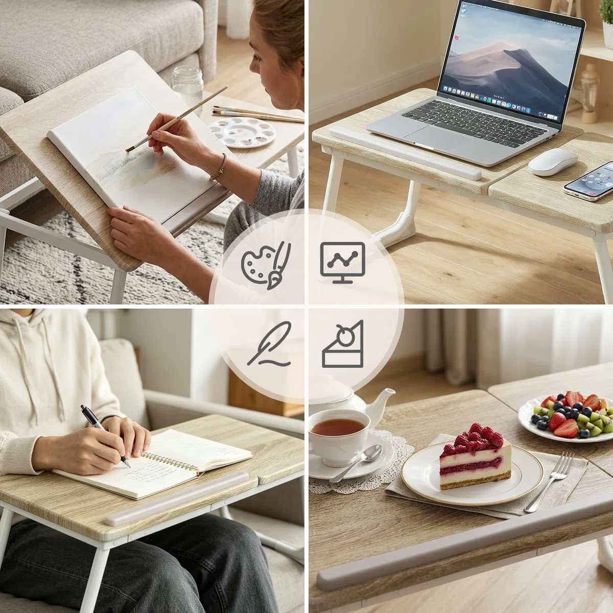 MEUBLE COSY Tavolino Pieghevole Vassoio da Letto Scrivania per Laptop PC Divano Supporto Regolabile e Portatile, Rovere + Bianco
