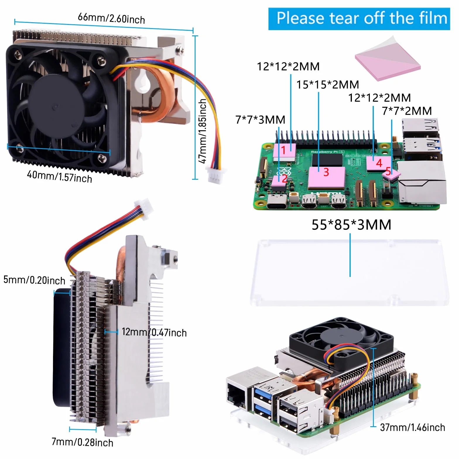 GeeekPi Ultra Thin Ice Tower Cooler per Raspberry Pi 5, in alluminio, con ventola PWM da 40 x 40 x 7 mm, per Raspberry Pi 5 4 GB/8 GB