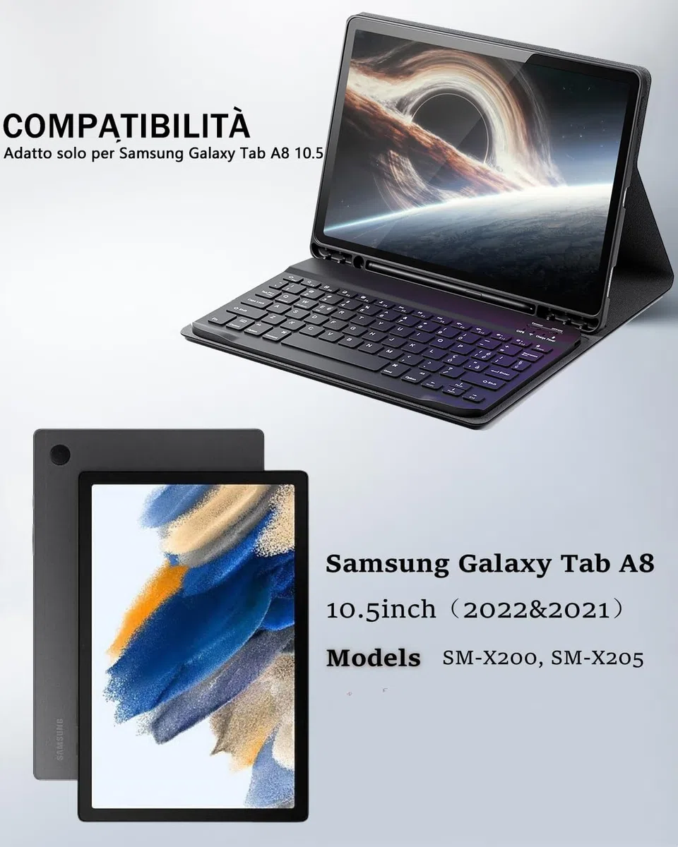 Cover Per Samsung Galaxy Tab A8 10.5 Pollici (2022) con Bluetooth Wireless Tastiera Ltaliano (QWERTY) Essere Caricata e Mouse Coperchio Protettivo con Scanalatura Portapenna Keyboard Case Nero