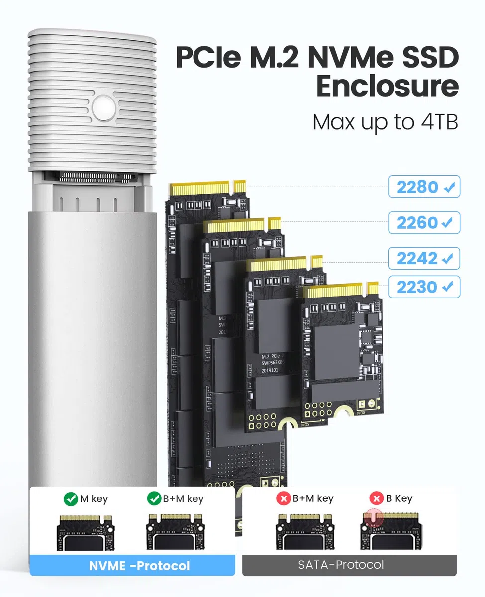 ORICO Case SSD M.2 NVMe, Adattatore Esterno USB C 3.1 Gen2 a PCIe 10 Gpbs per M2 Disco Rigido M-Key 2230/2242/2260/2280, Lettore SSD Con UASP, TRIM, Cavo USB C-A- PWM2G2A-WH