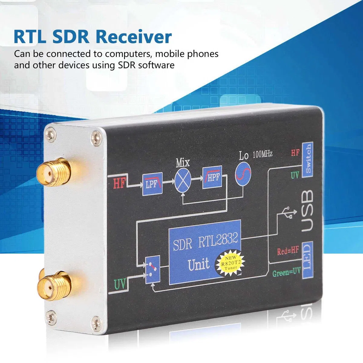FRZY Ricevitore USB, ricevitore SDR RTL con High Dynamic Range 100kHz - 1.7GHz R820T2 Chipset di acquisizione del segnale