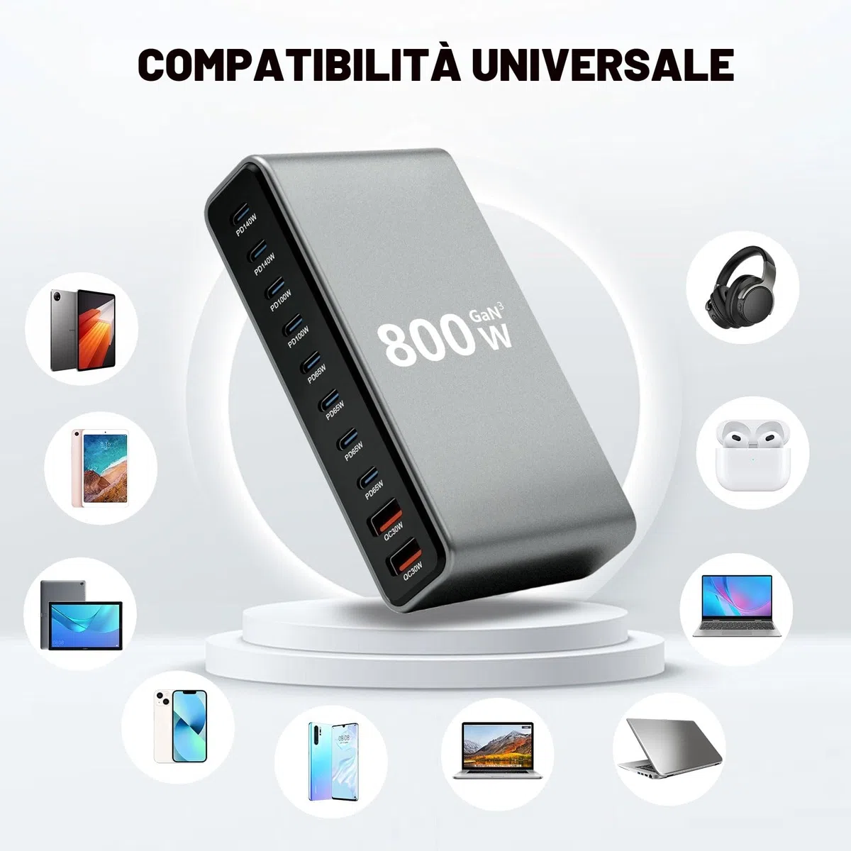 800W Caricatore USB Multiplo - 10 Porte (8 USB-C + 2 USB-A) con Ricarica Rapida, Stazione di Ricarica Compatta per Multi Dispositivi, Compatibile con MacBook, iPad, iPhone 16/15/14, Galaxy S22/S20