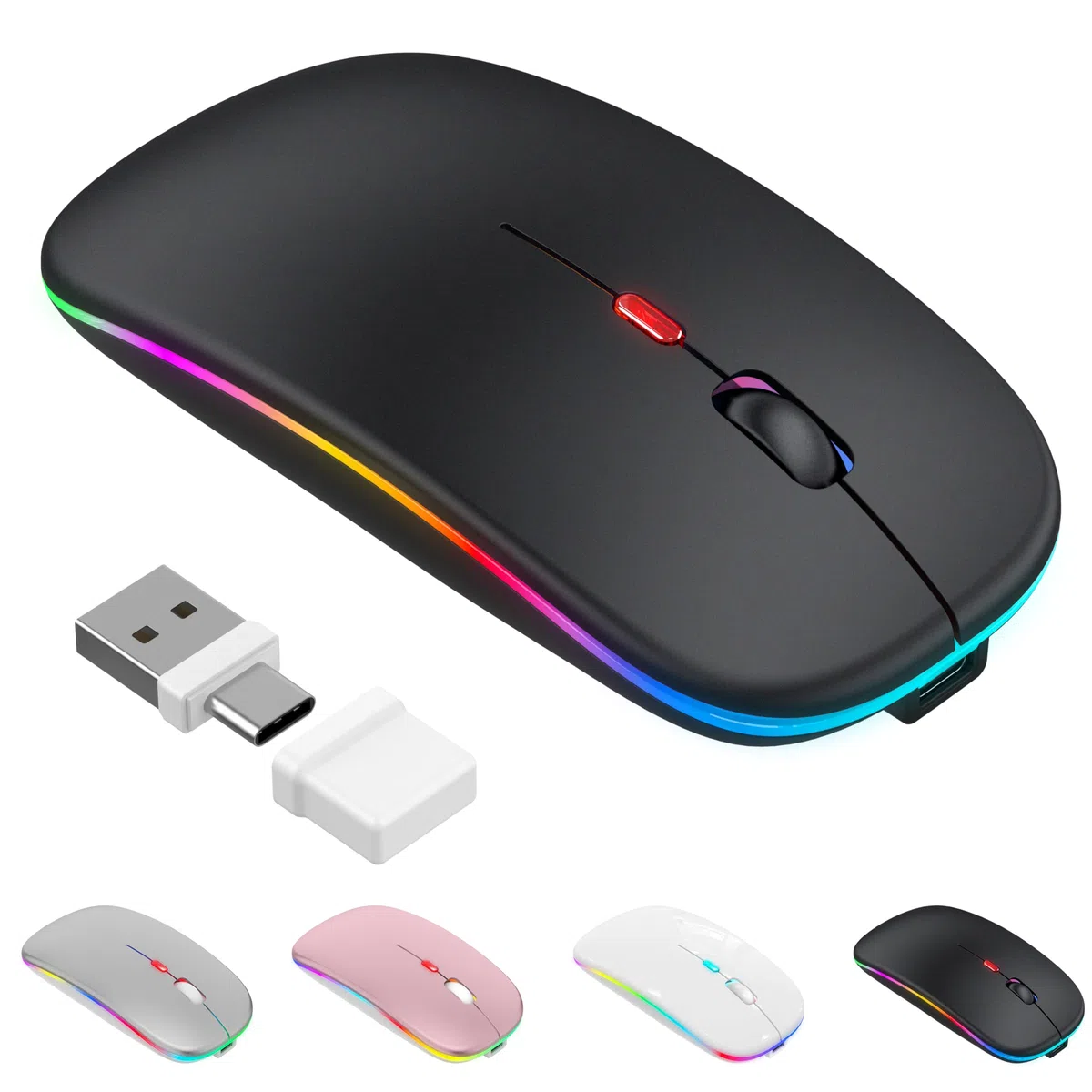 Mouse wireless con modalità jiggler – Bluetooth 5.2 & 2.4G radio per computer portatile, PC, iOS, Android, iPad e Windows, LED a 7 colori e 1600 DPI ottico (Modalità Jiggler, Nero)