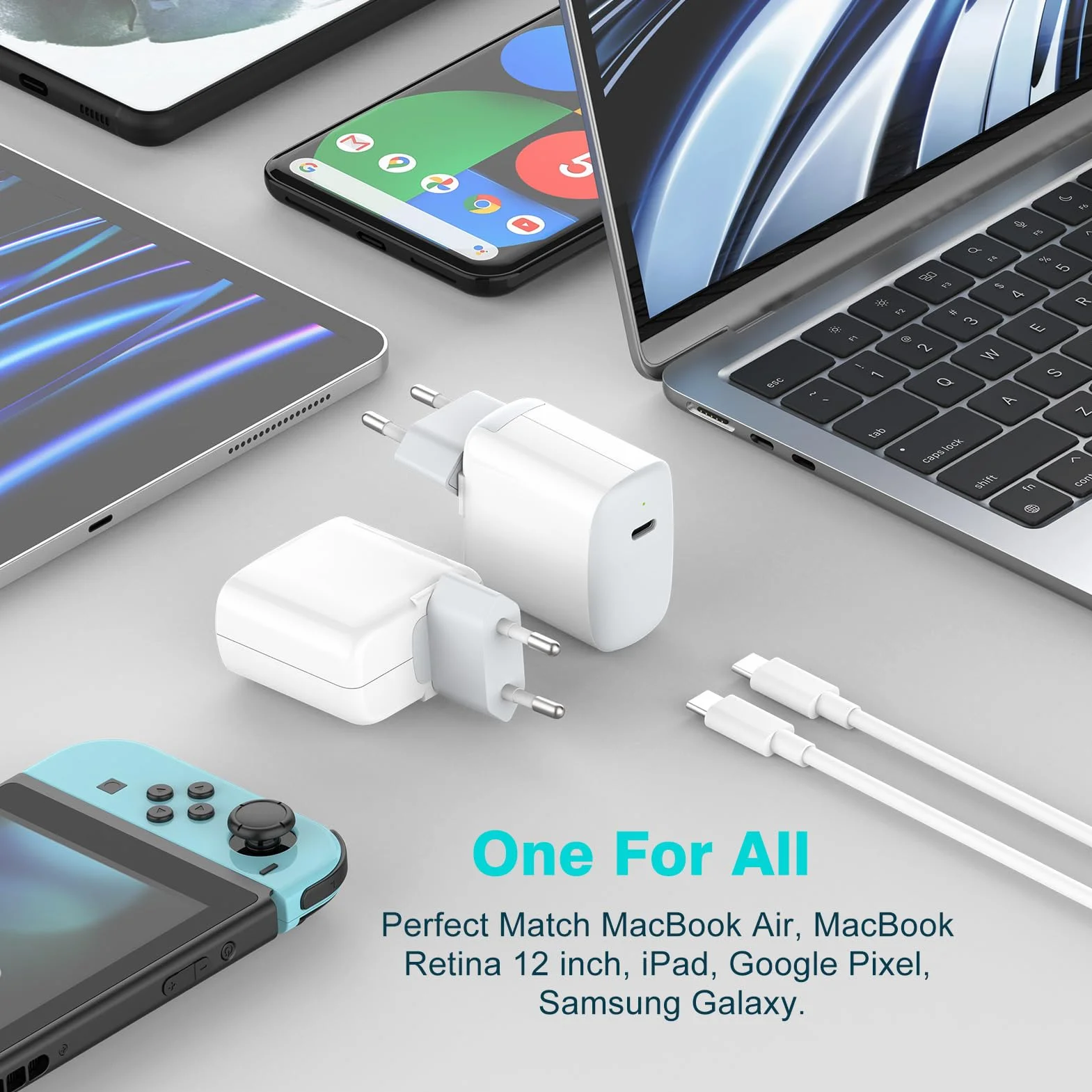 30W Caricatore USB C Compatibile con MacBook Air 13 12, iPad Pro 13, 12.9, 11 2024 2023 2022 2021 2020 2019 M4 M2 M1, iPad Air 5 4, Mini 6, iPad 10, iPhone 15, Google Pixel 8 7, Cavo USB-C da 6.6FT
