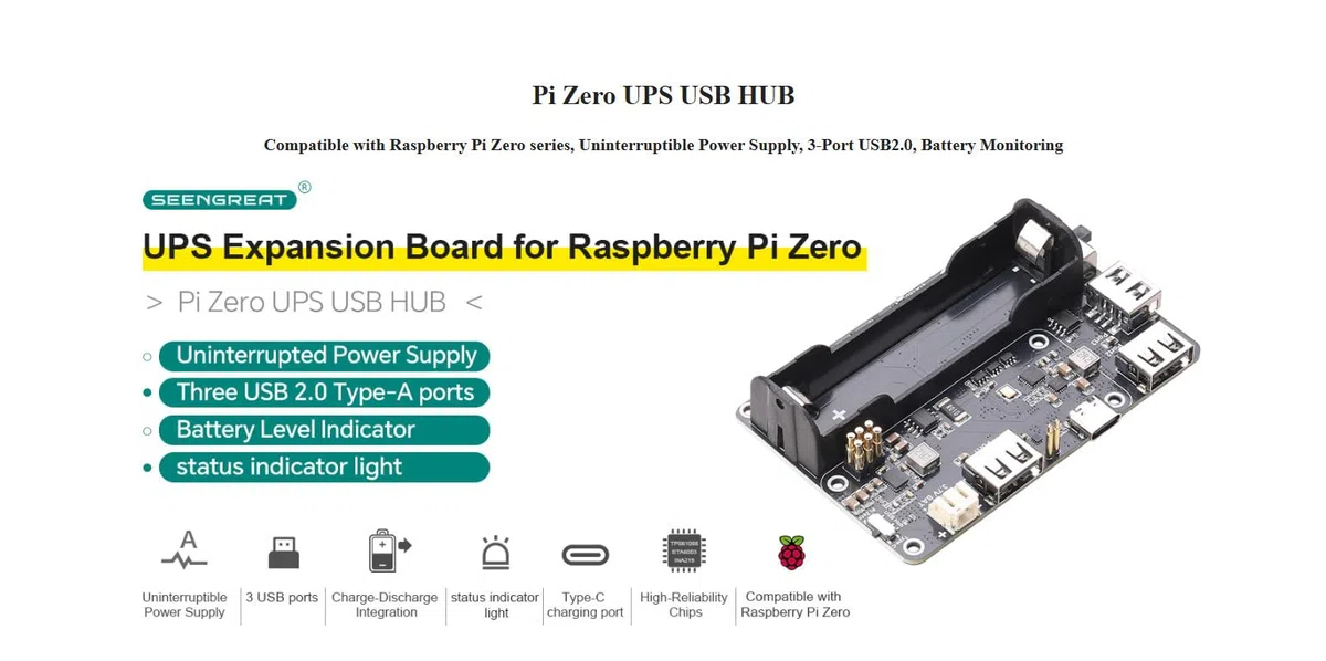 Pi Zero UPS HUB HAT per Raspberry Pi Zero Series, scheda di espansione USB 2.0 a 3 porte con backup di alimentazione, supporto Ba-ttery 18650, gestione intelligente della carica e dello scarico
