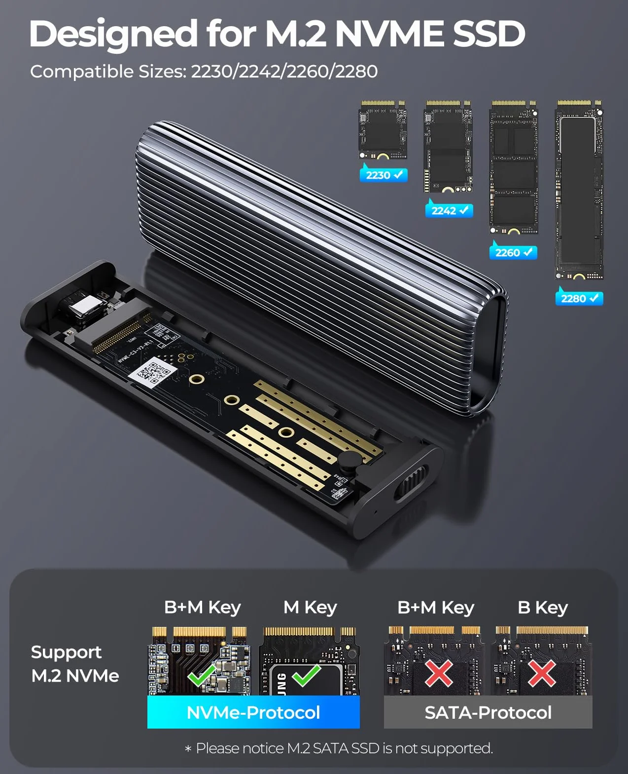 ORICO Case M.2 NVMe SSD Adattatore Tool-free in Alluminio, 10Gbps USB3.2 USB-C per M.2 PCIe NVMe M-Key 2230/2242/2260/2280 SSD, M2 Custodia Esterna Supporto UASP Trim- AM2G2