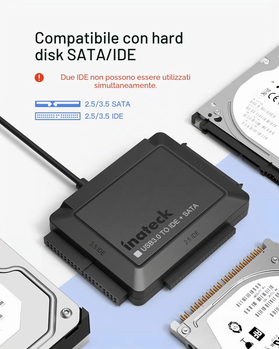 Inateck USB 3.0 a IDE/SATA Lettore di Dischi rigidi Esterni Applicabile a HDD/SSD da 2,5"/3,5", Adattatore da IDE a USB con Alimentatore 12V/2A, SA03001