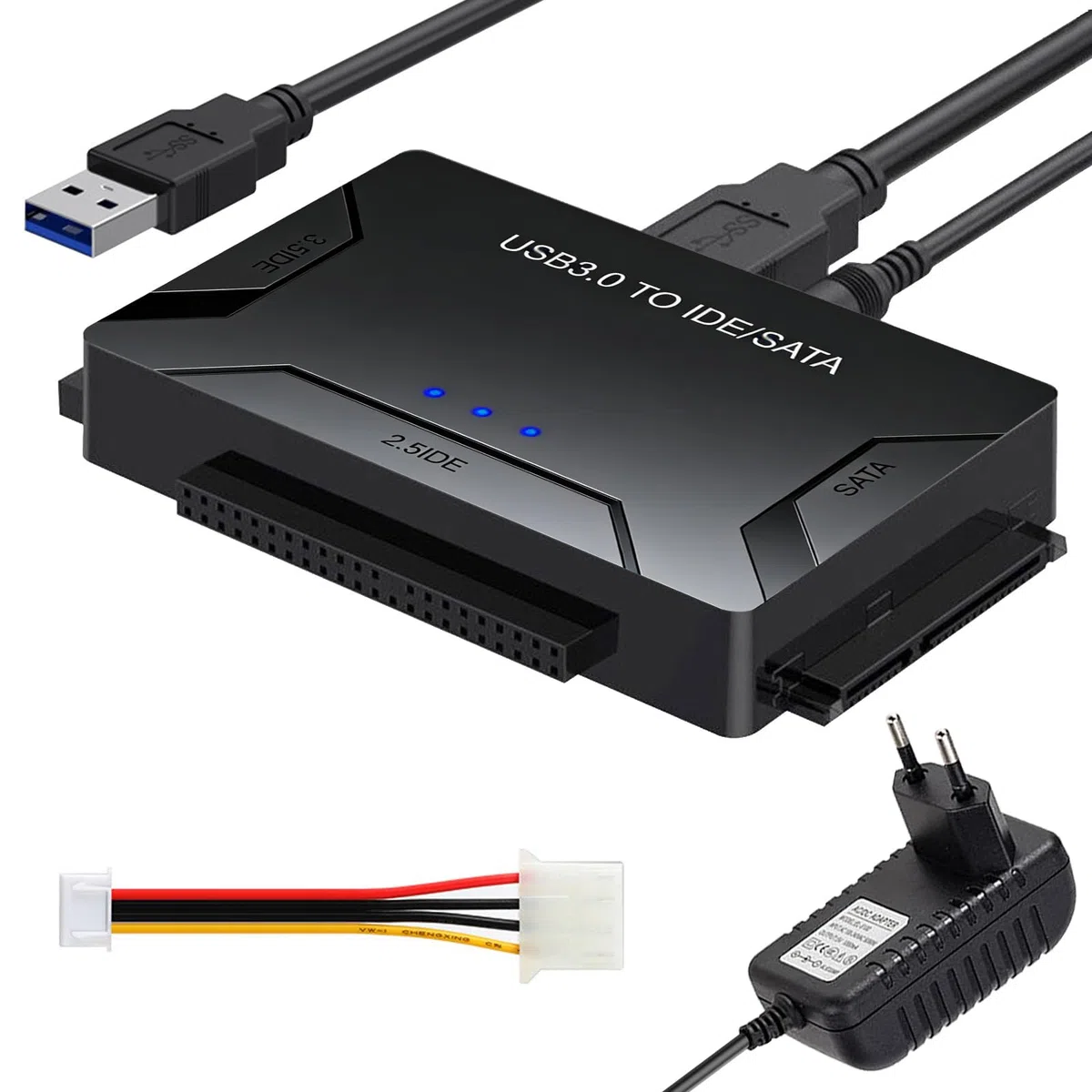 Leikurvo Adattatore USB 3.0 a SATA IDE per dischi rigidi SATA da 2,5/3,5 pollici, adattatore per disco rigido esterno con cavo USB+cavo SAT A+alimentatore da 12 V/2 A per Windows 10/8/7/XP/Mac