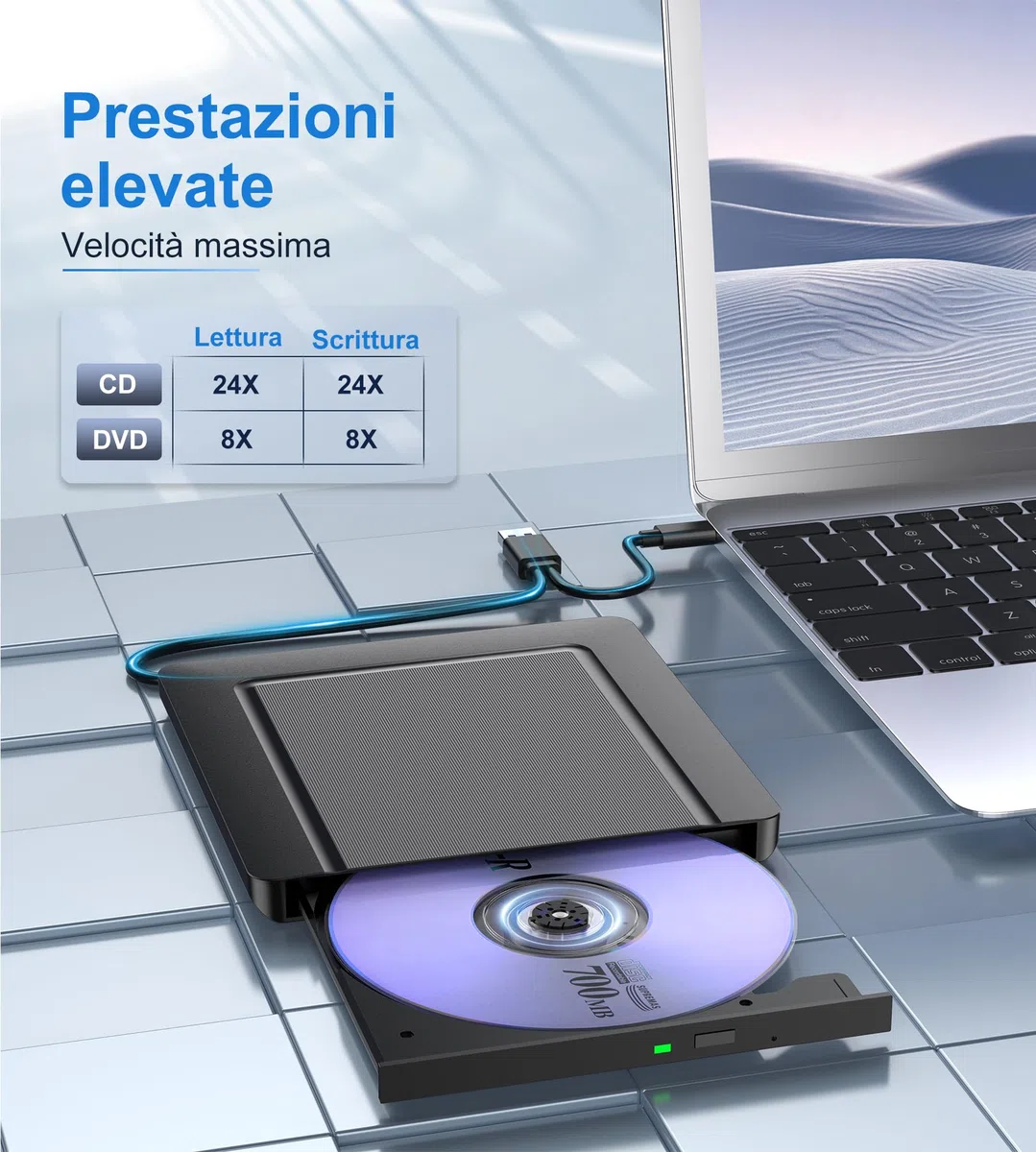 Lettore DVD CD Esterno per PC Portatile, Supersottile Masterizzatore CD/DVD +/-RW Drive CD ROM Unità DVD Esterne per Windows 11/10/8.1/7/XP/Vista/Linux/MacOS/Linux/Laptop/Desktop
